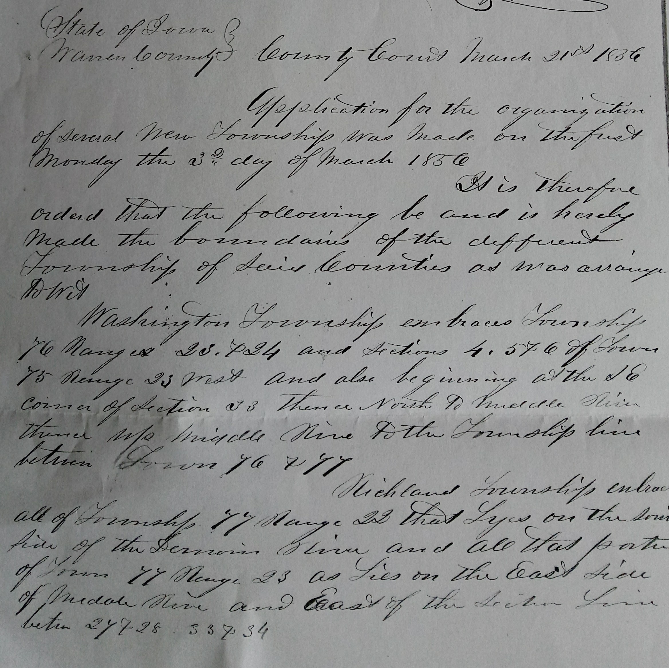 Page 1 of the Application for Organization of Townships, March 3, 1856